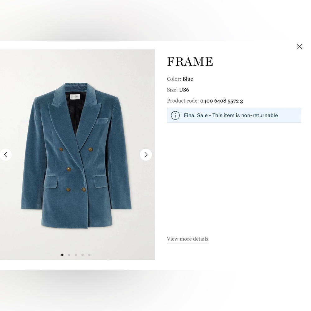 Frame Blue Velvet Double Breasted Blazer